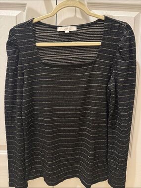 LOFT Black Top with Silver Metallic Stripe Scoop Neck